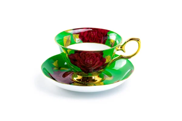 Gold & Green Stem Rose Bone China Tea Cup & Saucer