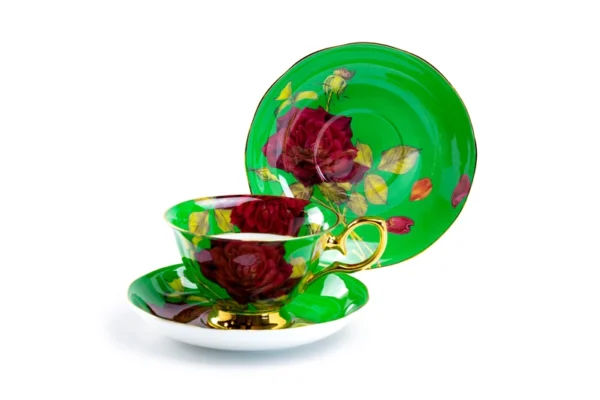 Gold & Green Stem Rose Bone China Tea Cup & Saucer