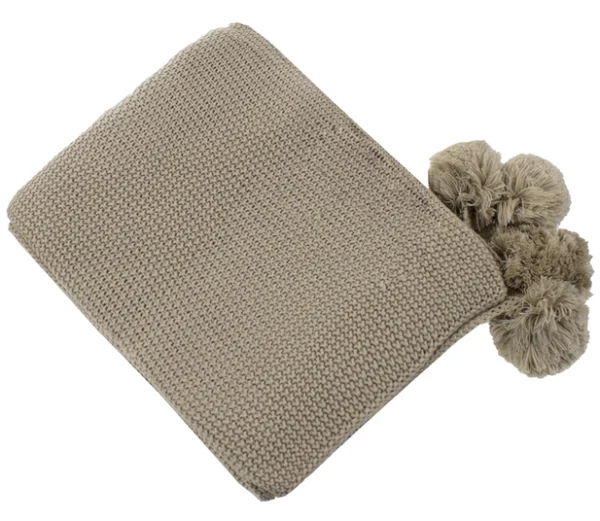 Khaki Knit Pom Pom Throw