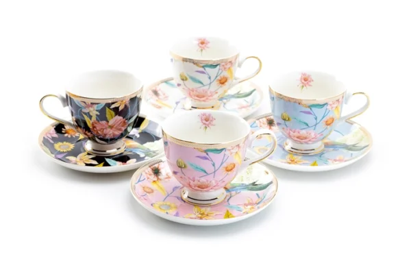 Flowers & Hummingbird Porcelain Cups & Saucers