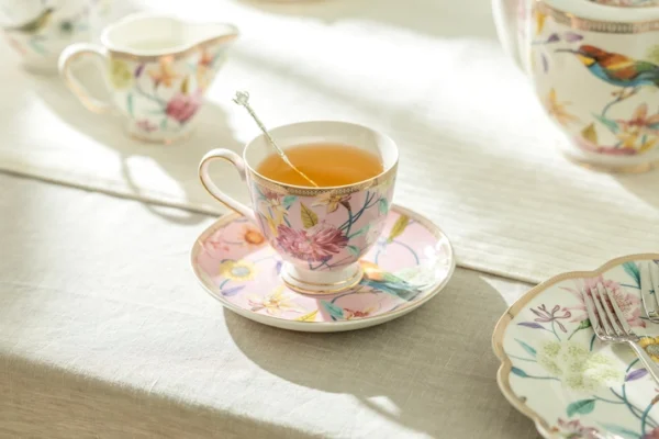 Flowers & Hummingbird Porcelain Cups & Saucers
