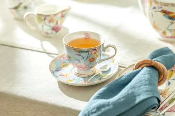 Flowers & Hummingbird Porcelain Cups & Saucers