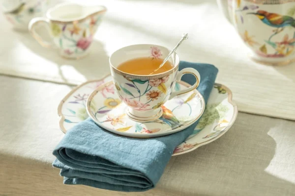 Flowers & Hummingbird Porcelain Cups & Saucers
