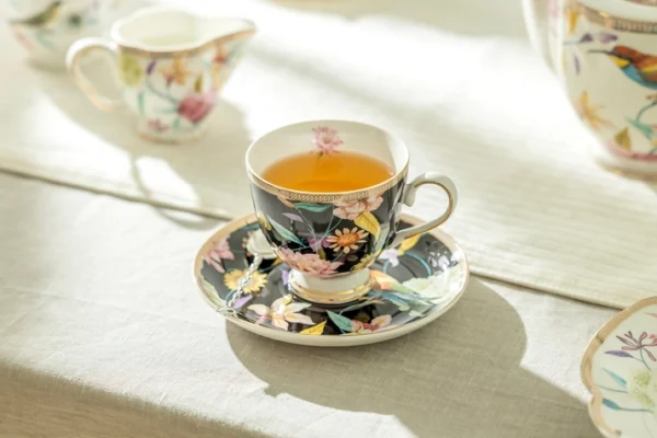 Flowers & Hummingbird Porcelain Cups & Saucers