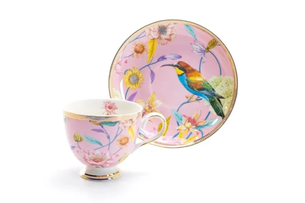 Flowers & Hummingbird Porcelain Cups & Saucers