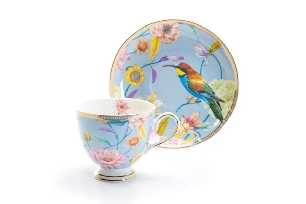Flowers & Hummingbird Porcelain Cups & Saucers