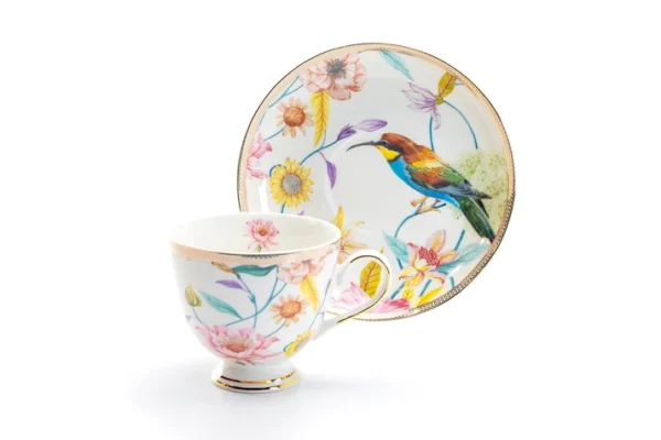 Flowers & Hummingbird Porcelain Cups & Saucers
