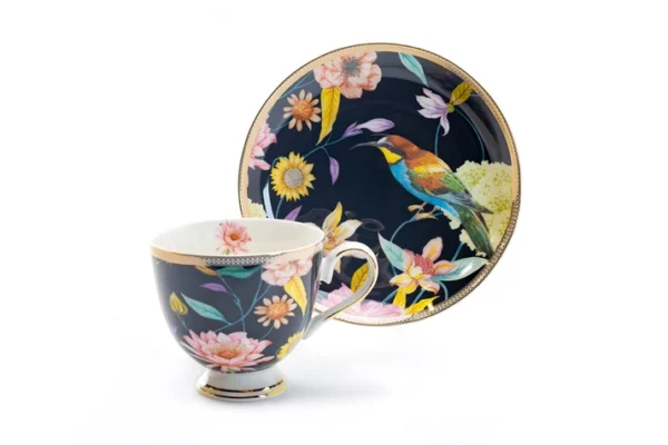 Flowers & Hummingbird Porcelain Cups & Saucers