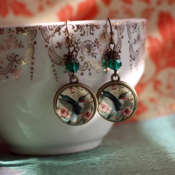 Hummingbird Art Nouveau Glass Cabochon Earrings