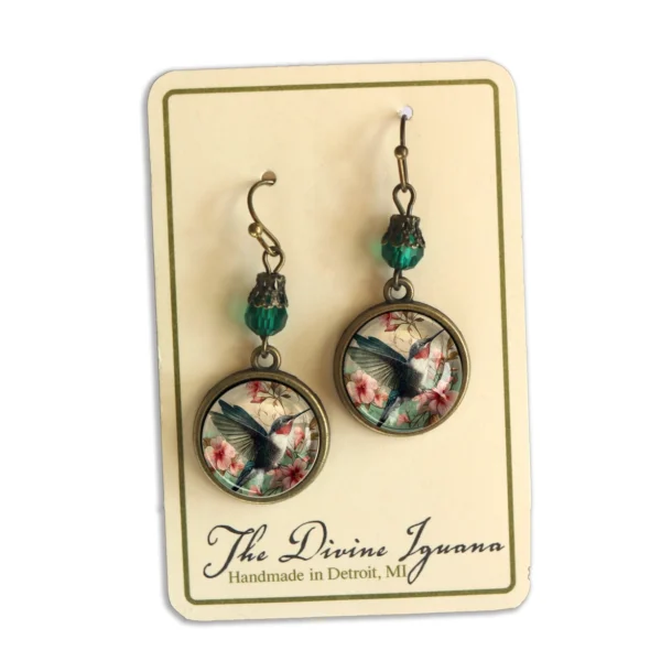 Hummingbird Art Nouveau Glass Cabochon Earrings