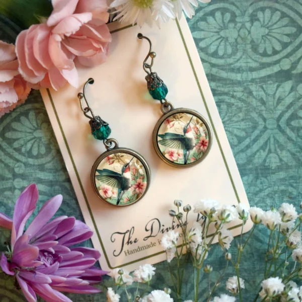 Hummingbird Art Nouveau Glass Cabochon Earrings