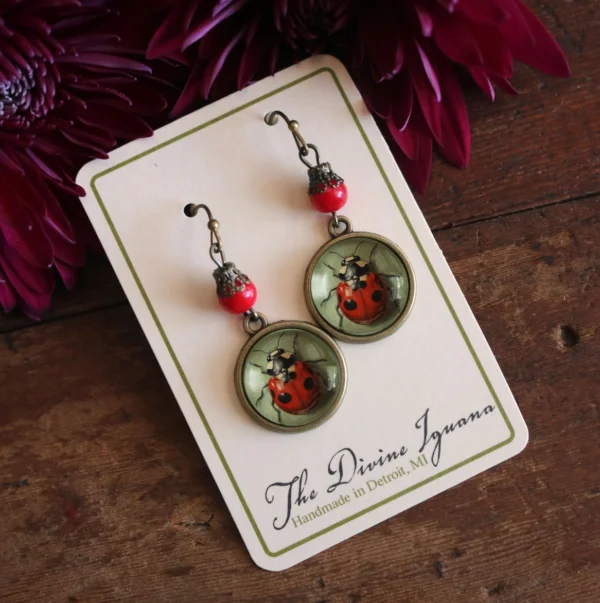 Labybug Vintage Inspired Glass Cabochon Earrings