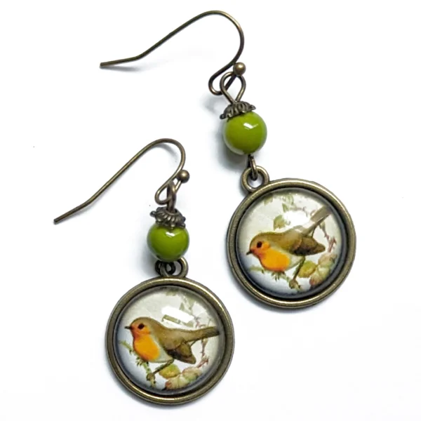 Spring Robin Bird Vintage Inspired Glass Cabochon Earrings
