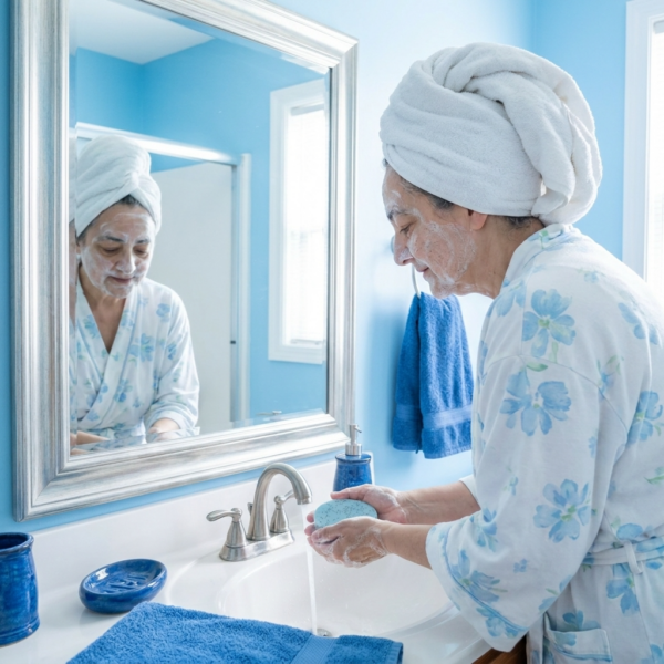 Woman enjoying her skincare routine with The Angelina Store's Blue Tansy Gentle Exfoliating Cleansing Bar. A mature woman with a towel wrapped on her head gently washes her face with the light blue speckled soap bar at a bright, elegant bathroom sink. Natural handmade soap made with Blue Tansy, Chamomile, and Lavender essential oils with poppy seeds for gentle exfoliation. Peaceful self-care and skincare moment in a serene blue bathroom setting.