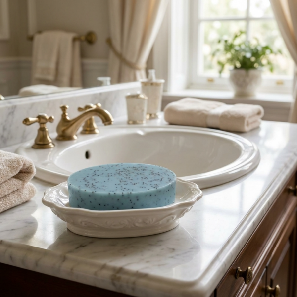 Beautiful lifestyle photo of The Angelina Store's Blue Tansy Gentle Exfoliating Cleansing Bar. A luxurious light blue handmade soap bar with poppy seeds sits on an elegant white ceramic dish on a marble bathroom vanity next to a classic white sink with brass fixtures. Natural skincare soap made with Blue Tansy, Chamomile, and Lavender essential oils, perfect for gentle exfoliation and calming sensitive skin. Spa-like bathroom setting with soft natural lighting.