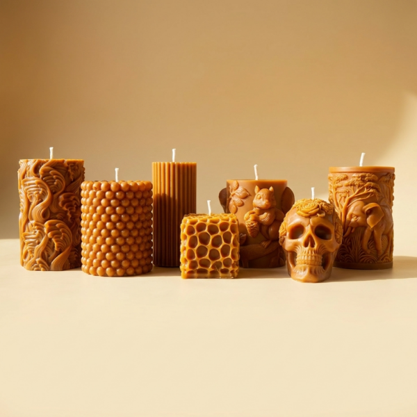 Group photo of The Angelina Store Nag Champa Pillar Candle Collection – handcrafted caramel-colored pillar candles featuring intricate designs including Elephant, Waves, Bubble, Squirrel, and Skull, all infused with rich Nag Champa fragrance.