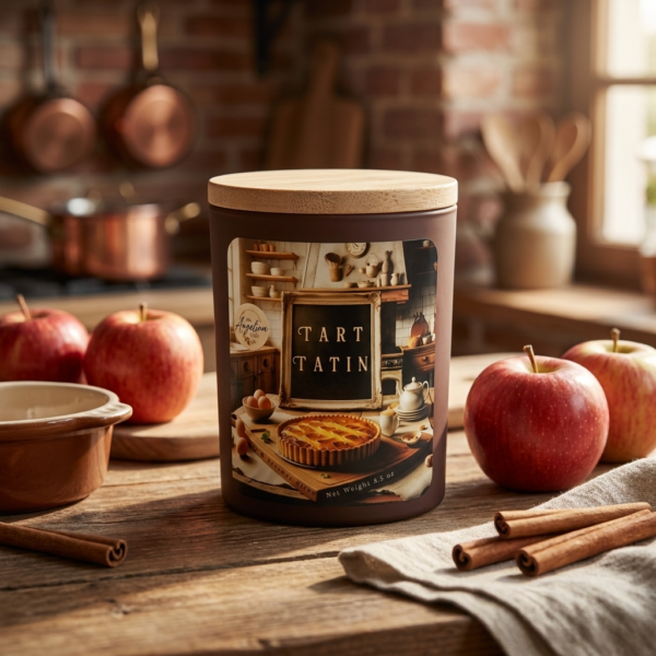 Tart Tatin candle by The Angelina Store. Beautiful 8.5 oz brown jar candle with wooden lid and vintage-style label featuring a fresh-baked apple tart in a cozy kitchen scene. Surrounded by fresh red apples and cinnamon sticks on a rustic wooden table. Warm gourmand scented candle with notes of caramelized apples, buttery pastry, and spices. Handcrafted home fragrance.